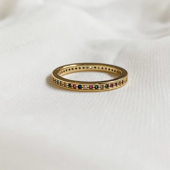 Gold Dainty Rainbow CZ Diamond Ring Band - Picture 7 of 9